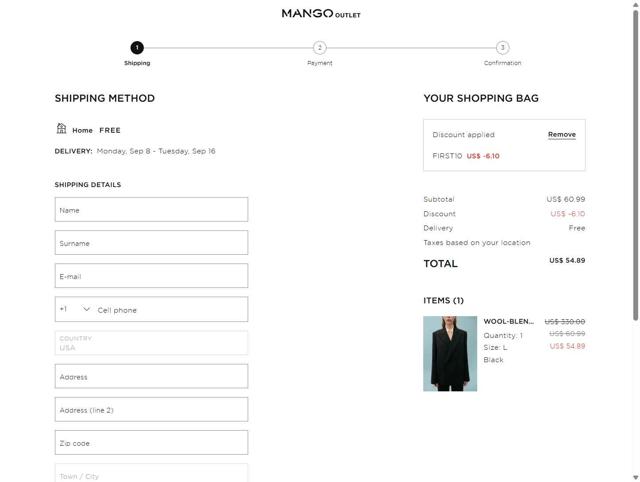 Mango Outlet checkout page showing Mango Outlet promo code box | Screenshot taken by SimplyCodes community member on Sep 5, 2025
