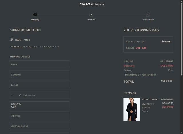 Mango Outlet checkout page showing Mango Outlet promo code box | Screenshot taken by SimplyCodes community member on Oct 4, 2025