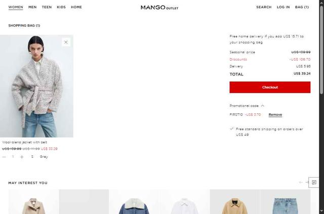 Mango Outlet checkout page showing Mango Outlet promo code box | Screenshot taken by SimplyCodes community member on Aug 25, 2025
