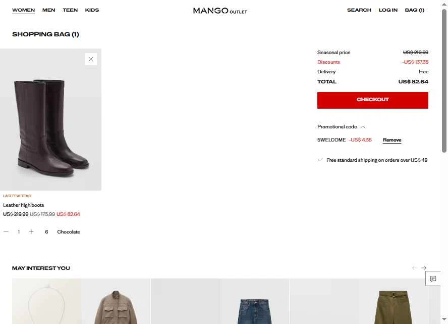 Mango Outlet checkout page showing Mango Outlet promo code box | Screenshot taken by SimplyCodes community member on Jan 24, 2026