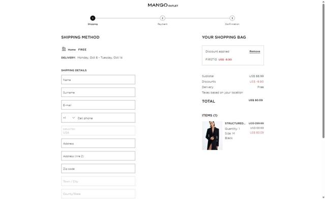 Mango Outlet checkout page showing Mango Outlet promo code box | Screenshot taken by SimplyCodes community member on Oct 5, 2025