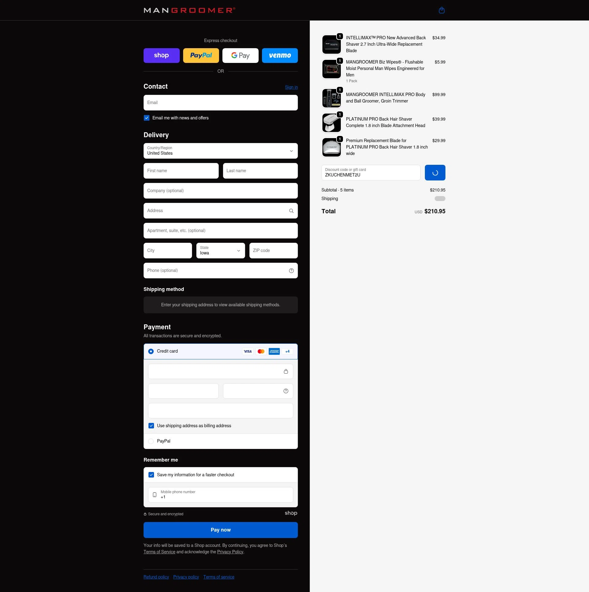 Mangroomer checkout page showing Mangroomer promo code box | Screenshot taken by SimplyCodes community member on Dec 20, 2025