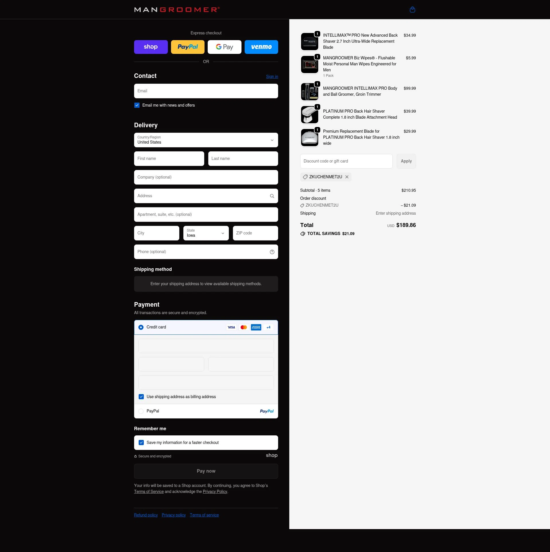 Mangroomer checkout page showing Mangroomer promo code box | Screenshot taken by SimplyCodes community member on Dec 13, 2025