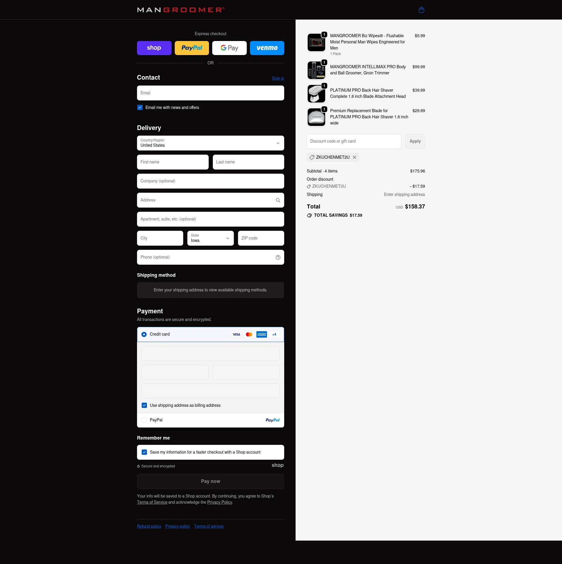 Mangroomer checkout page showing Mangroomer promo code box | Screenshot taken by SimplyCodes community member on Nov 22, 2025