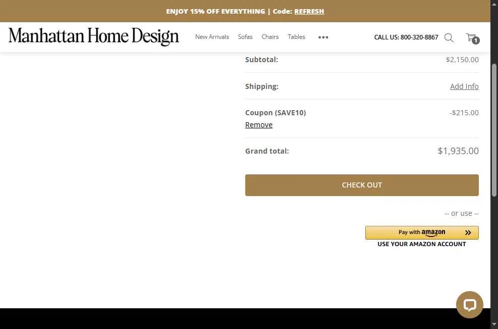 Manhattan Home Design checkout page showing Manhattan Home Design coupon code box | Screenshot taken by SimplyCodes community member on Oct 30, 2025