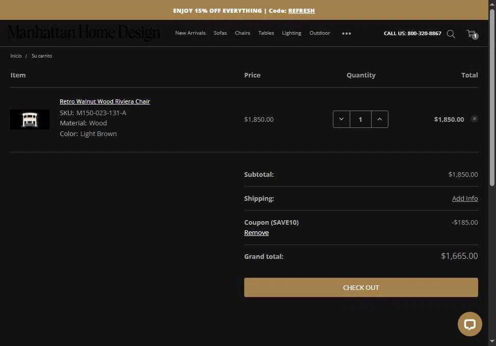 Manhattan Home Design checkout page showing Manhattan Home Design coupon code box | Screenshot taken by SimplyCodes community member on Oct 1, 2025