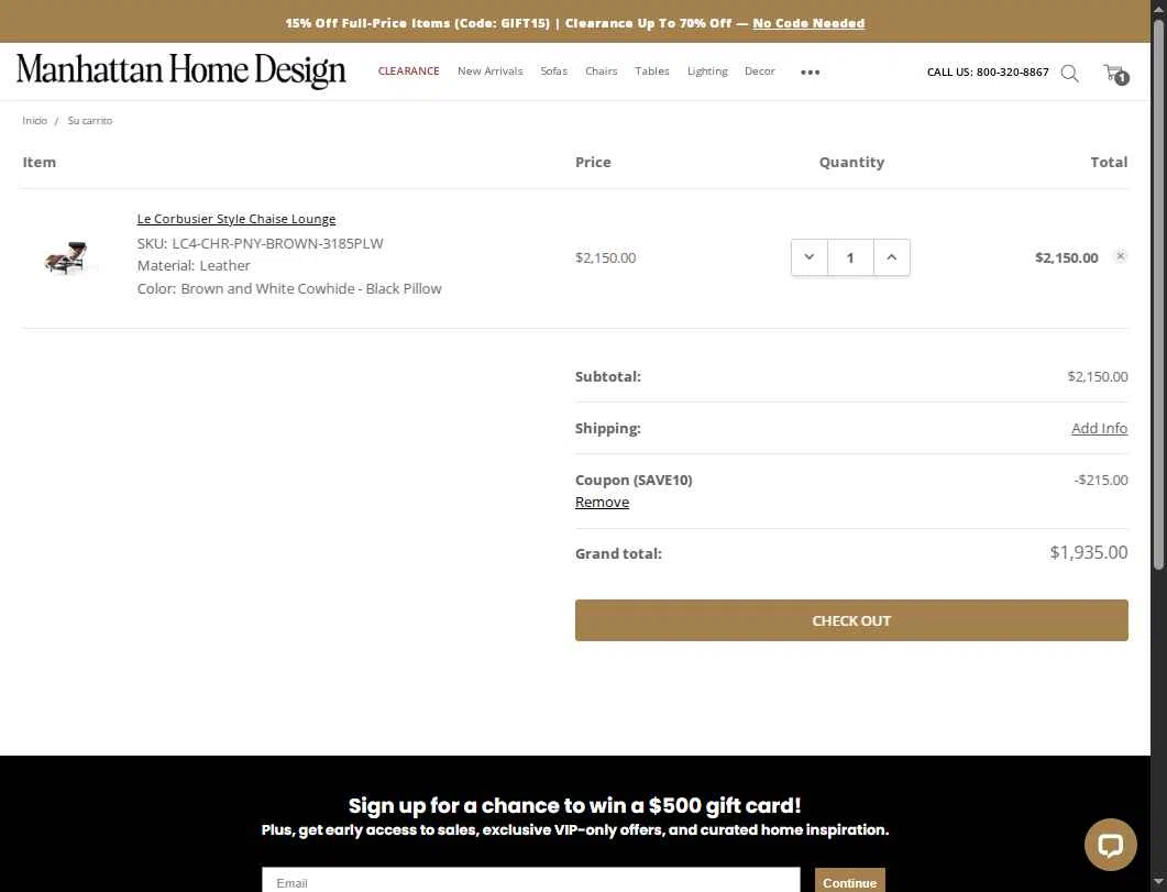Manhattan Home Design checkout page showing Manhattan Home Design coupon code box | Screenshot taken by SimplyCodes community member on Dec 27, 2025