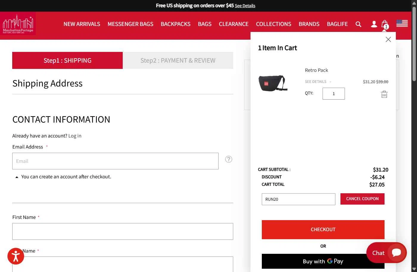 Manhattan Portage checkout page showing Manhattan Portage discount code box | Screenshot taken by SimplyCodes community member on Oct 15, 2025