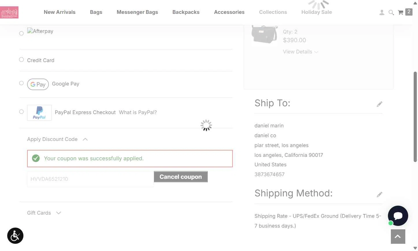 Manhattan Portage checkout page showing Manhattan Portage discount code box | Screenshot taken by SimplyCodes community member on Dec 18, 2025