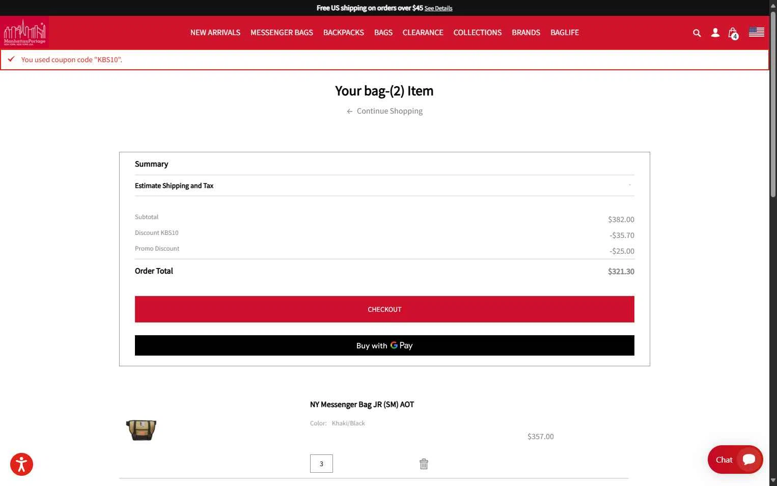 Manhattan Portage checkout page showing Manhattan Portage discount code box | Screenshot taken by SimplyCodes community member on Sep 25, 2025
