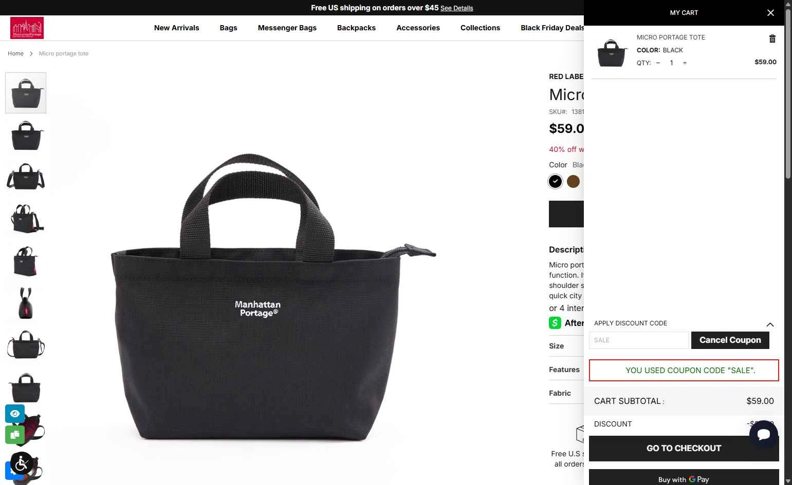 Manhattan Portage checkout page showing Manhattan Portage discount code box | Screenshot taken by SimplyCodes community member on Nov 28, 2025