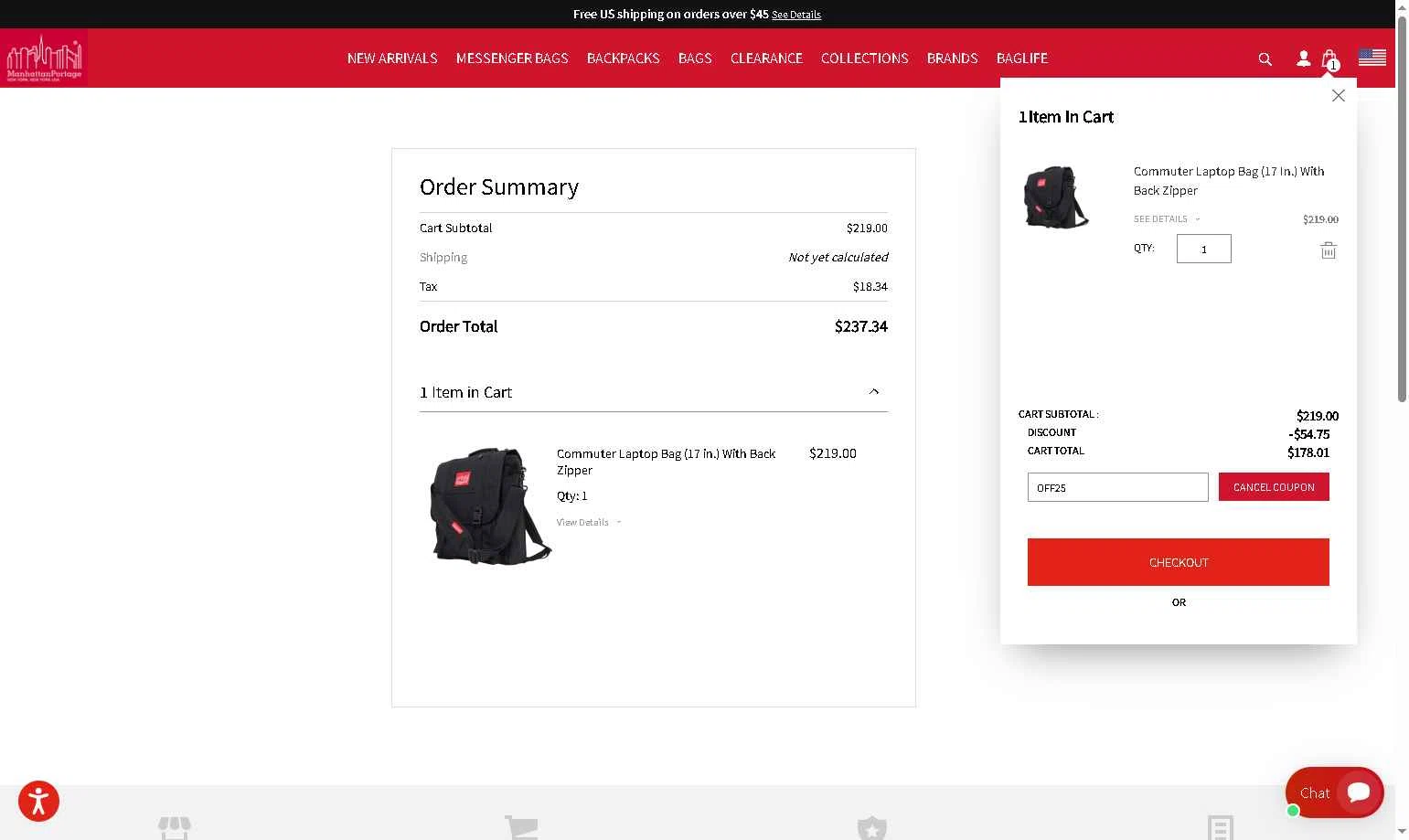 Manhattan Portage checkout page showing Manhattan Portage discount code box | Screenshot taken by SimplyCodes community member on Aug 28, 2025