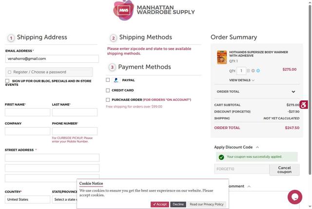 Manhattan Wardrobe Supply checkout page showing Manhattan Wardrobe Supply promo code box | Screenshot taken by SimplyCodes community member on May 25, 2025