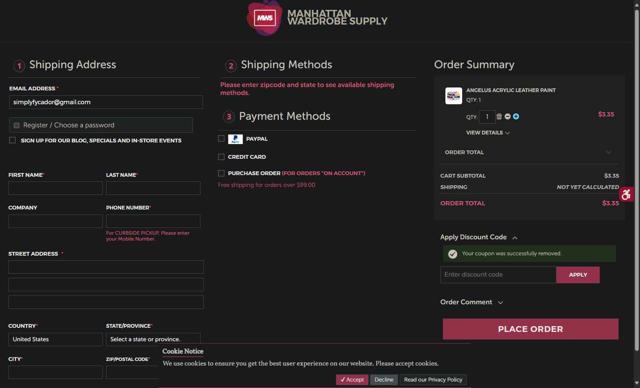 Manhattan Wardrobe Supply checkout page showing Manhattan Wardrobe Supply promo code box | Screenshot taken by SimplyCodes community member on Aug 8, 2025