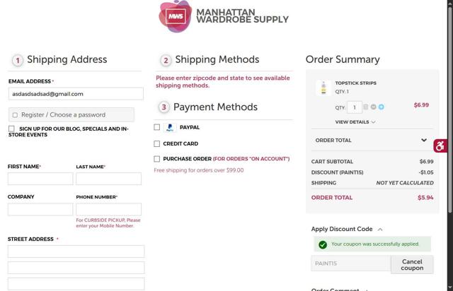 Manhattan Wardrobe Supply checkout page showing Manhattan Wardrobe Supply promo code box | Screenshot taken by SimplyCodes community member on May 30, 2025