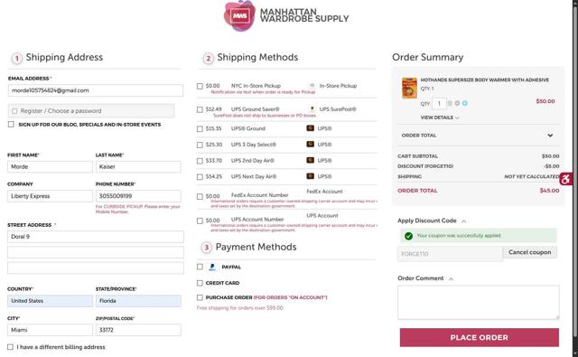 Manhattan Wardrobe Supply checkout page showing Manhattan Wardrobe Supply promo code box | Screenshot taken by SimplyCodes community member on May 25, 2025