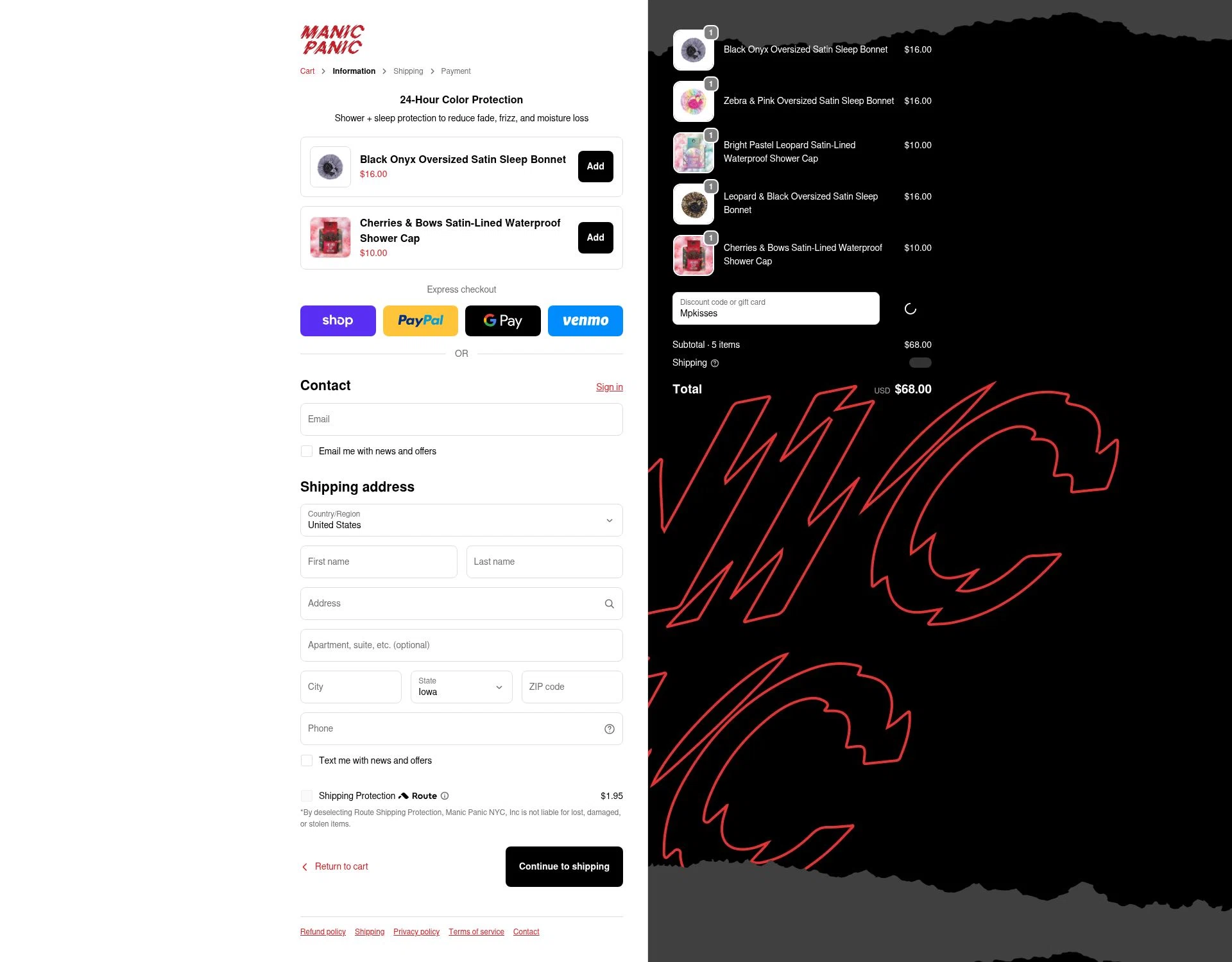 Manic Panic checkout page showing Manic Panic discount code box | Screenshot taken by SimplyCodes community member on Feb 27, 2026