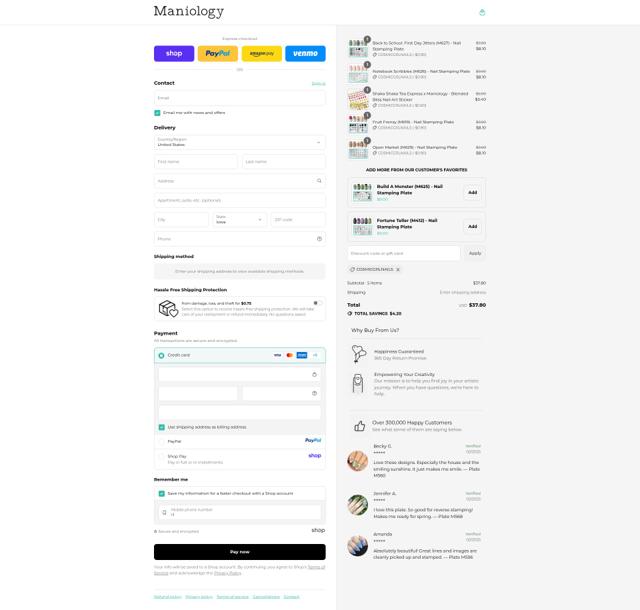 Maniology checkout page showing Maniology discount code box | Screenshot taken by SimplyCodes community member on Sep 14, 2025