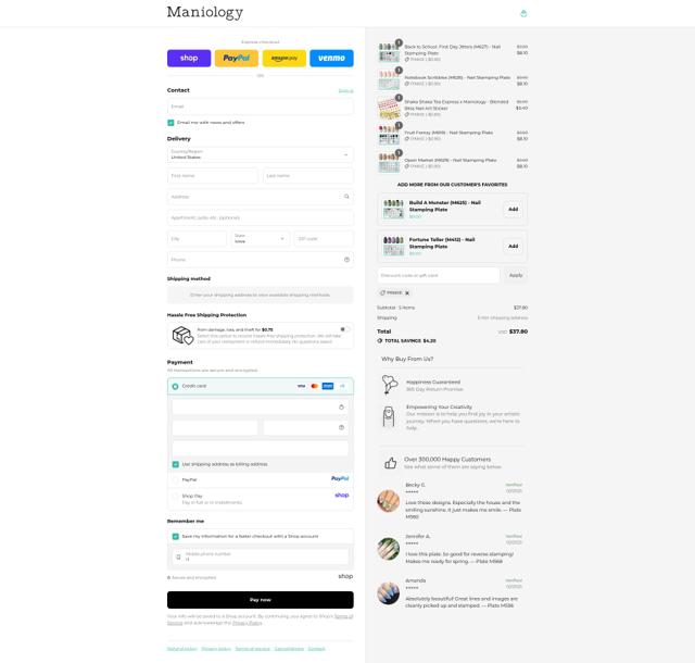 Maniology checkout page showing Maniology discount code box | Screenshot taken by SimplyCodes community member on Sep 14, 2025