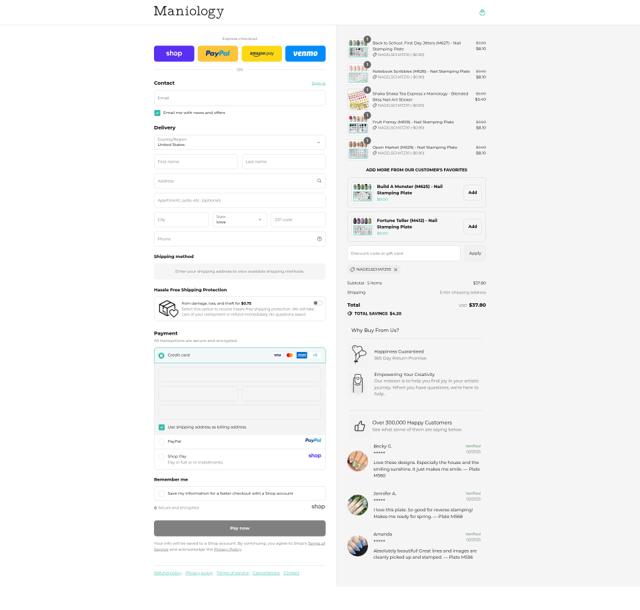Maniology checkout page showing Maniology discount code box | Screenshot taken by SimplyCodes community member on Sep 14, 2025