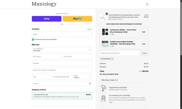 Maniology checkout page showing Maniology discount code box | Screenshot taken by SimplyCodes community member on Sep 14, 2025