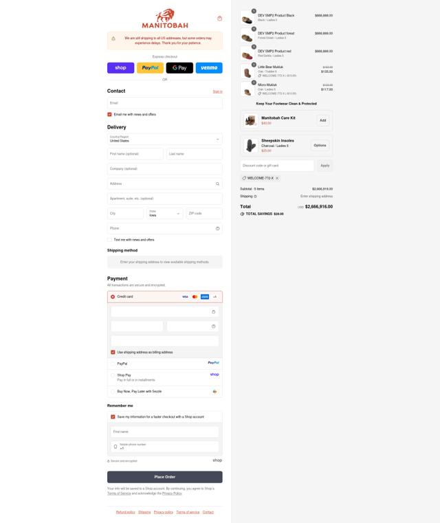 Manitobah checkout page showing Manitobah discount code box | Screenshot taken by SimplyCodes community member on Sep 14, 2025