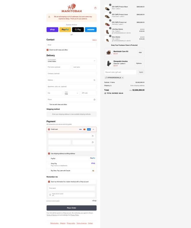 Manitobah checkout page showing Manitobah discount code box | Screenshot taken by SimplyCodes community member on Sep 14, 2025
