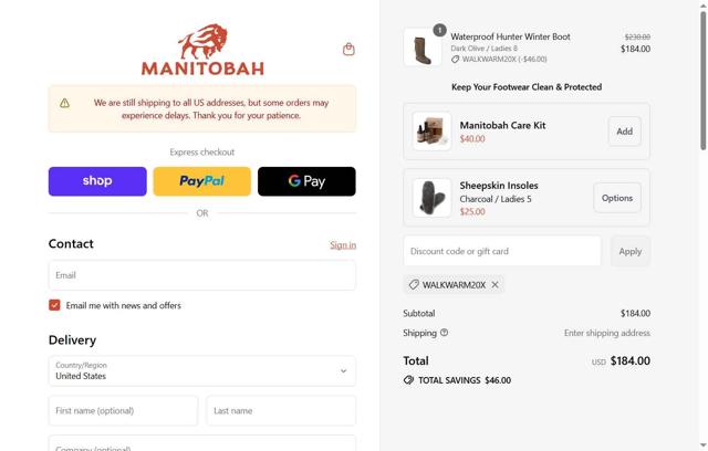 Manitobah checkout page showing Manitobah discount code box | Screenshot taken by SimplyCodes community member on Sep 13, 2025