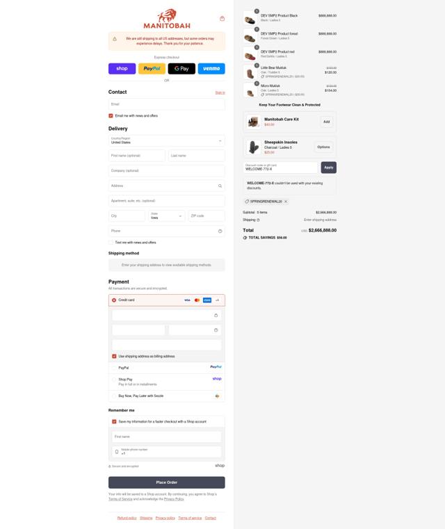 Manitobah checkout page showing Manitobah discount code box | Screenshot taken by SimplyCodes community member on Sep 10, 2025