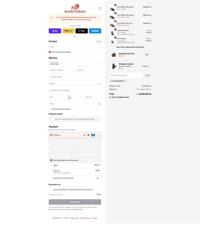 Manitobah checkout page showing Manitobah discount code box | Screenshot taken by SimplyCodes community member on Sep 14, 2025
