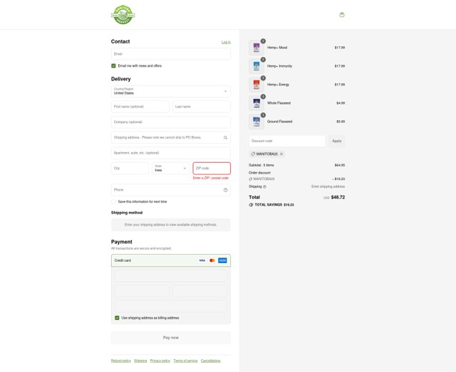 Manitoba Harvest checkout page showing Manitoba Harvest promo code box | Screenshot taken by SimplyCodes community member on Sep 7, 2025