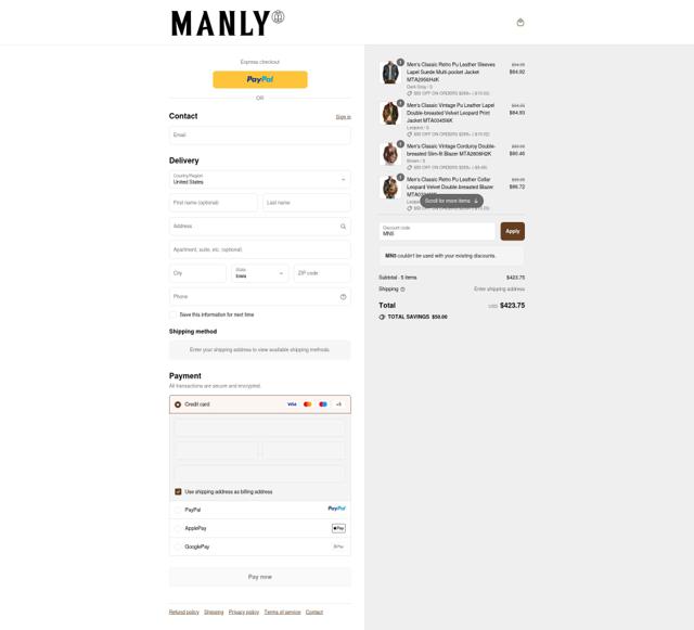 Manlytshirt checkout page showing Manlytshirt discount code box | Screenshot taken by SimplyCodes community member on Sep 11, 2025