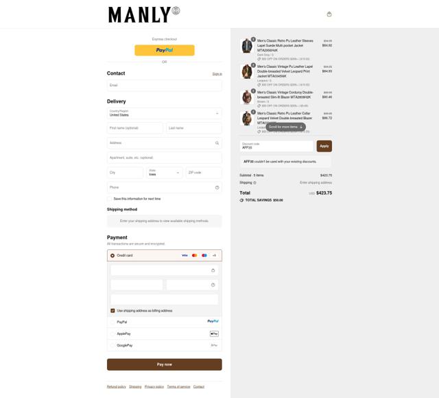 Manlytshirt checkout page showing Manlytshirt discount code box | Screenshot taken by SimplyCodes community member on Sep 11, 2025
