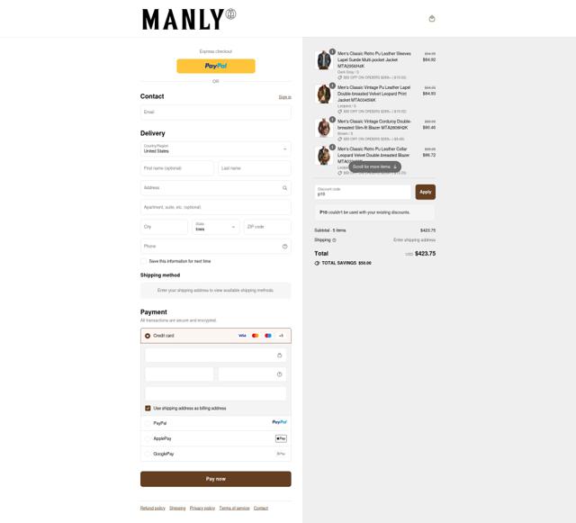 Manlytshirt checkout page showing Manlytshirt discount code box | Screenshot taken by SimplyCodes community member on Sep 11, 2025