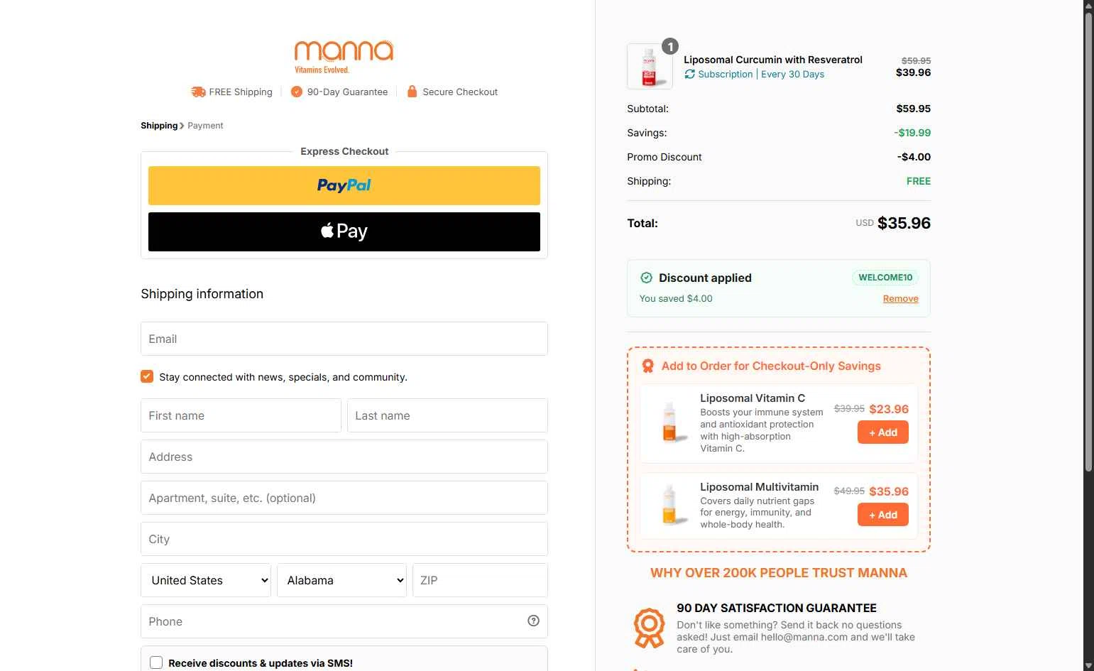 Manna checkout page showing Manna discount code box | Screenshot taken by SimplyCodes community member on Jan 6, 2026