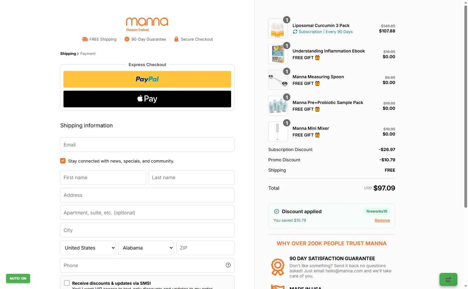 Manna checkout page showing Manna discount code box | Screenshot taken by SimplyCodes community member on Oct 28, 2025