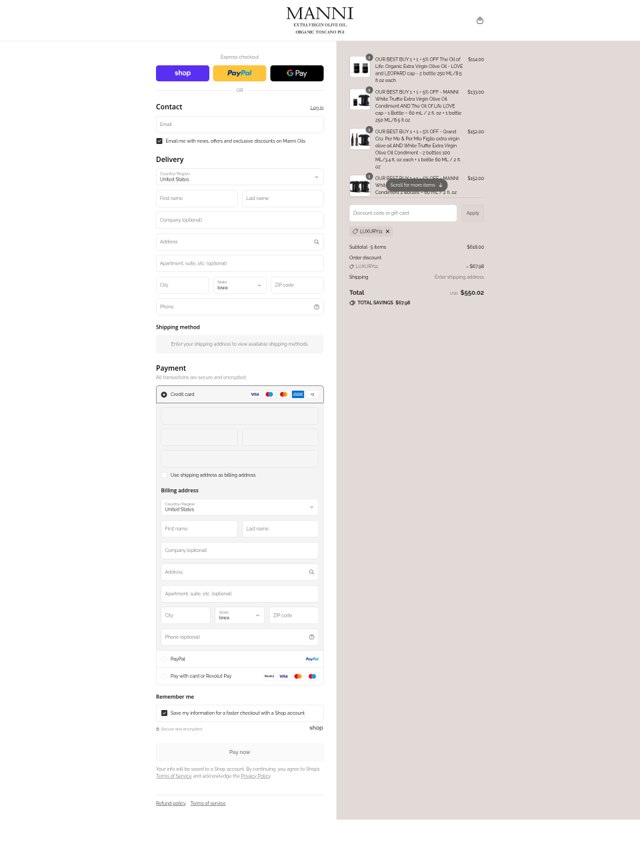 Manni Oil checkout page showing Manni Oil promo code box | Screenshot taken by SimplyCodes community member on Sep 6, 2025