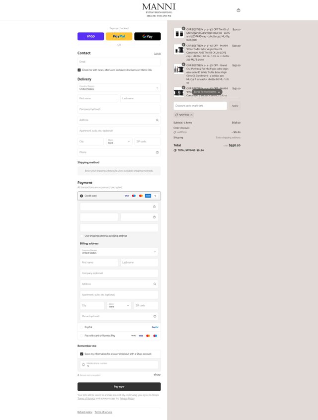 Manni Oil checkout page showing Manni Oil promo code box | Screenshot taken by SimplyCodes community member on Sep 6, 2025