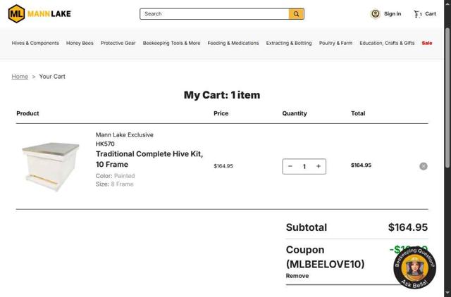 Mann Lake checkout page showing Mann Lake coupon code box | Screenshot taken by SimplyCodes community member on Aug 18, 2025