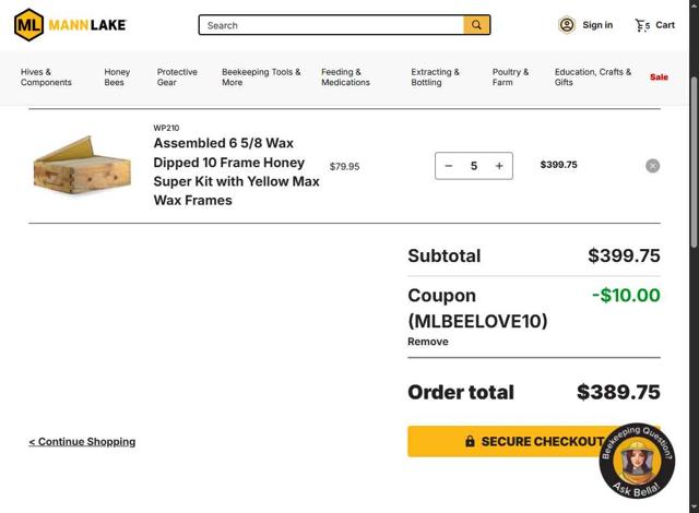 Mann Lake checkout page showing Mann Lake coupon code box | Screenshot taken by SimplyCodes community member on Sep 9, 2025