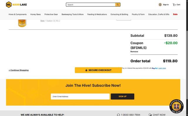 Mann Lake checkout page showing Mann Lake coupon code box | Screenshot taken by SimplyCodes community member on Aug 18, 2025
