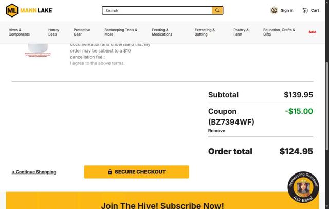 Mann Lake checkout page showing Mann Lake coupon code box | Screenshot taken by SimplyCodes community member on Aug 10, 2025