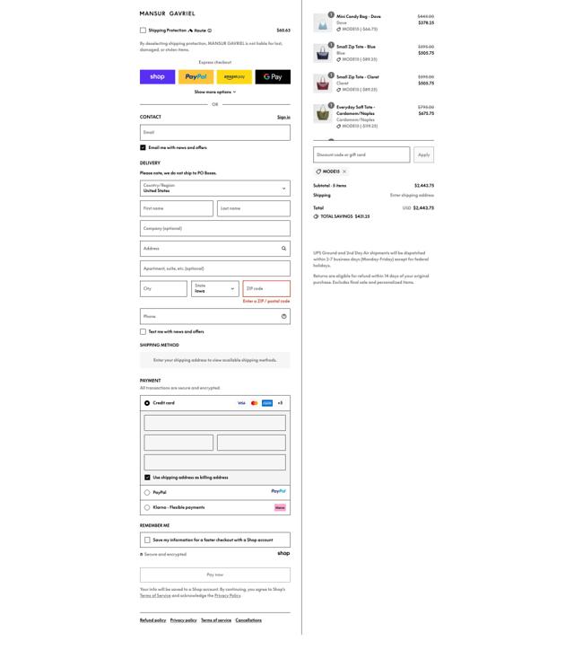 Mansur Gavriel checkout page showing Mansur Gavriel promo code box | Screenshot taken by SimplyCodes community member on Sep 12, 2025