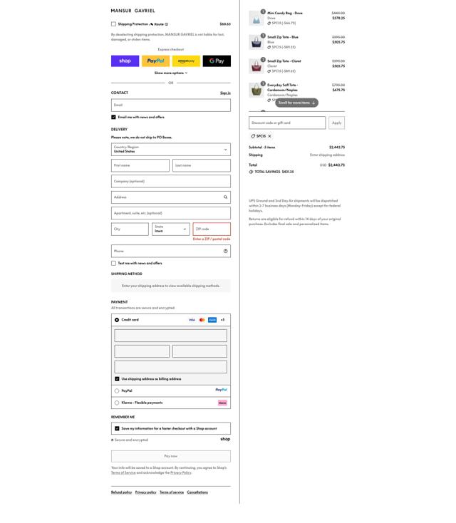 Mansur Gavriel checkout page showing Mansur Gavriel promo code box | Screenshot taken by SimplyCodes community member on Sep 12, 2025