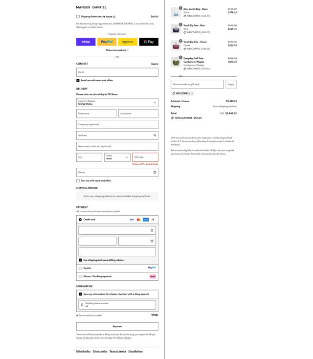Mansur Gavriel checkout page showing Mansur Gavriel promo code box | Screenshot taken by SimplyCodes community member on Sep 12, 2025