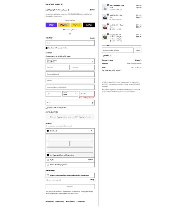 Mansur Gavriel checkout page showing Mansur Gavriel promo code box | Screenshot taken by SimplyCodes community member on Sep 12, 2025