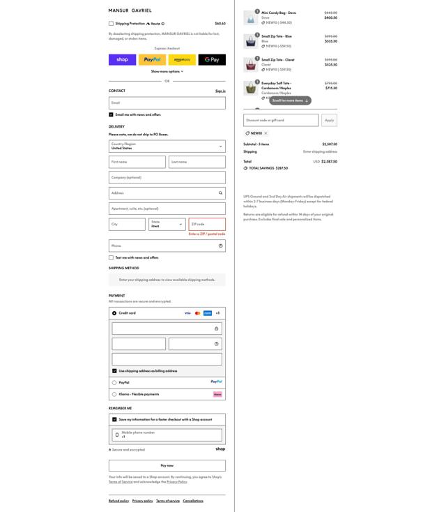 Mansur Gavriel checkout page showing Mansur Gavriel promo code box | Screenshot taken by SimplyCodes community member on Sep 12, 2025