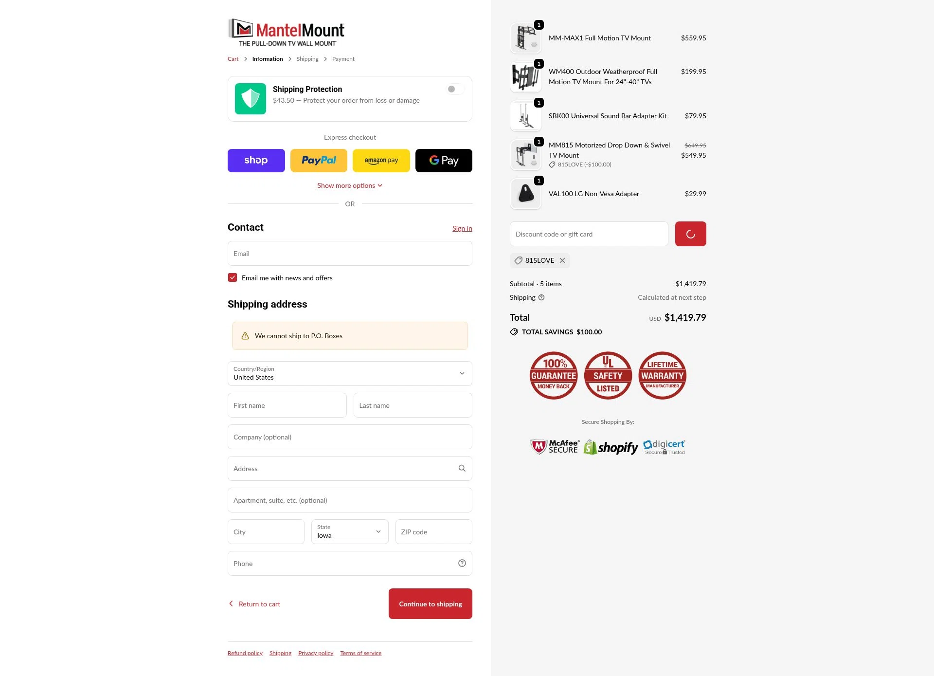 MantelMount checkout page showing MantelMount discount code box | Screenshot taken by SimplyCodes community member on Feb 11, 2026