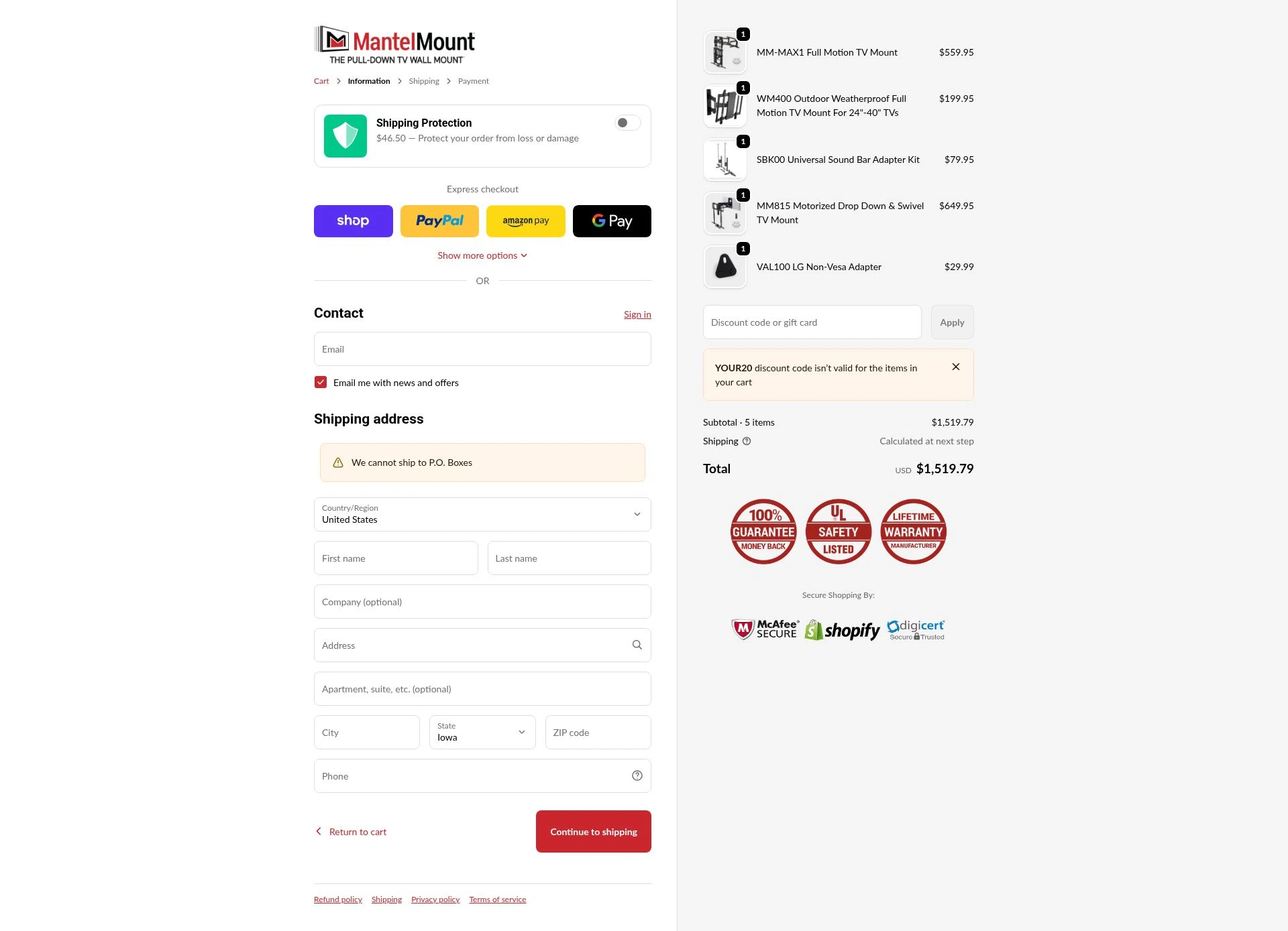 MantelMount checkout page showing MantelMount discount code box | Screenshot taken by SimplyCodes community member on Feb 11, 2026