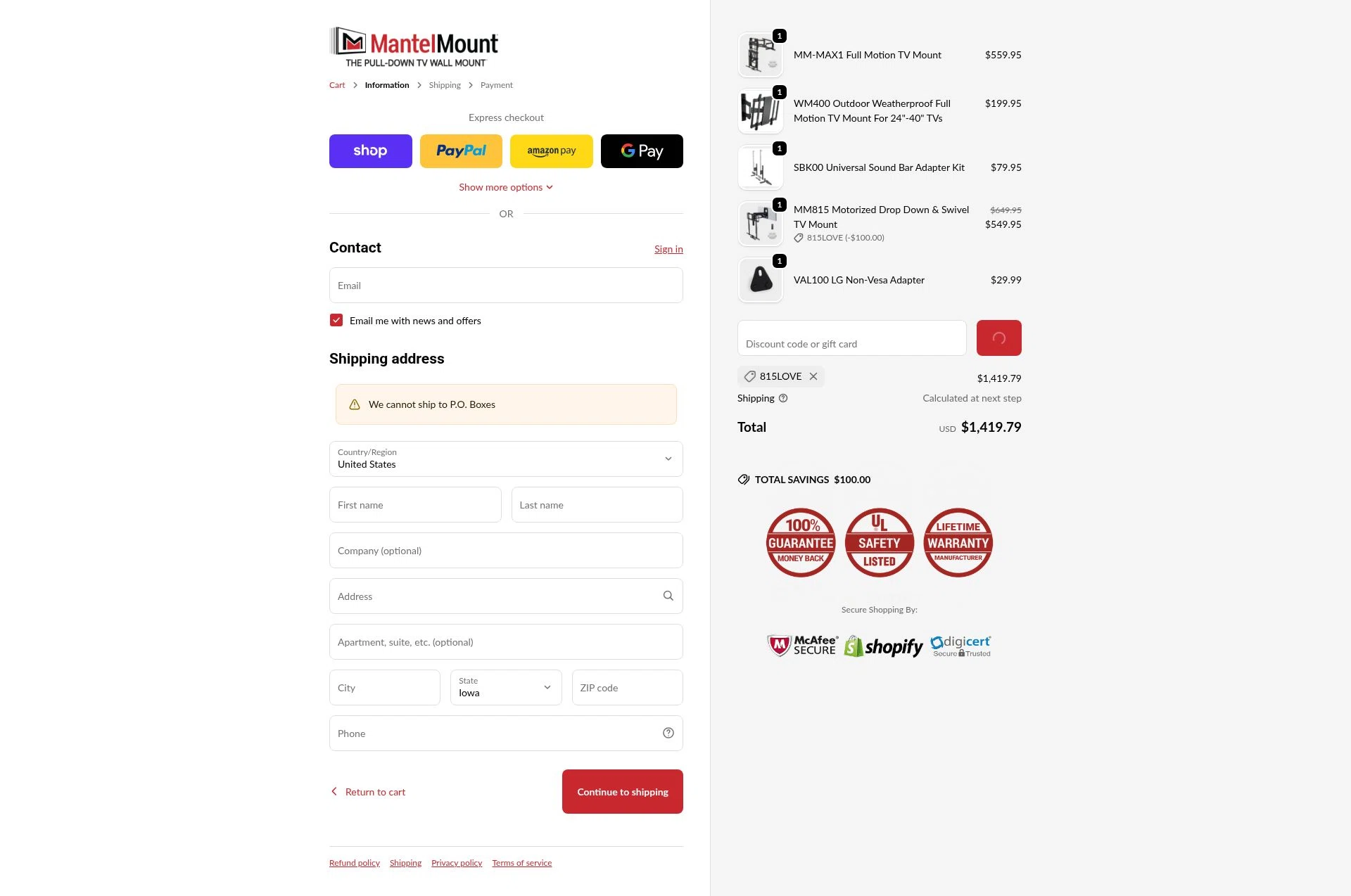 MantelMount checkout page showing MantelMount discount code box | Screenshot taken by SimplyCodes community member on Feb 6, 2026